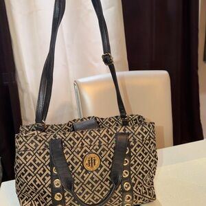 Tommy Hilfiger Black & Beige Monogram Shoulder Tote